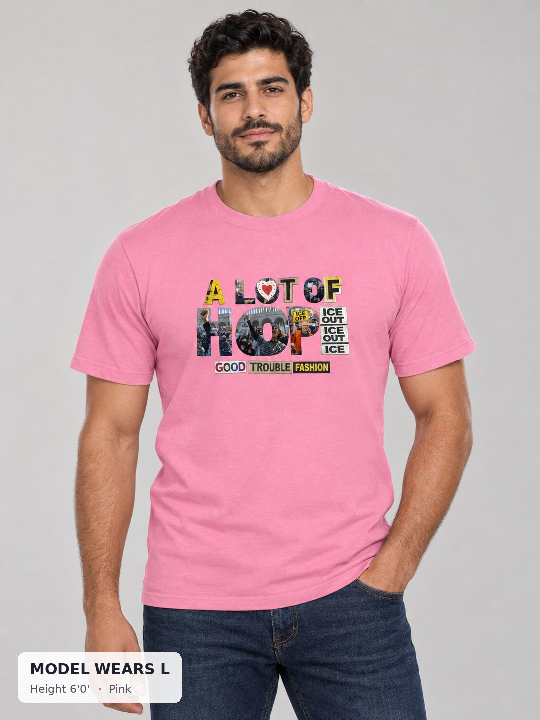 A Lot of Hope Tee in Pink on an athletic model wearing size L, 6'0" - Good Trouble Fashion