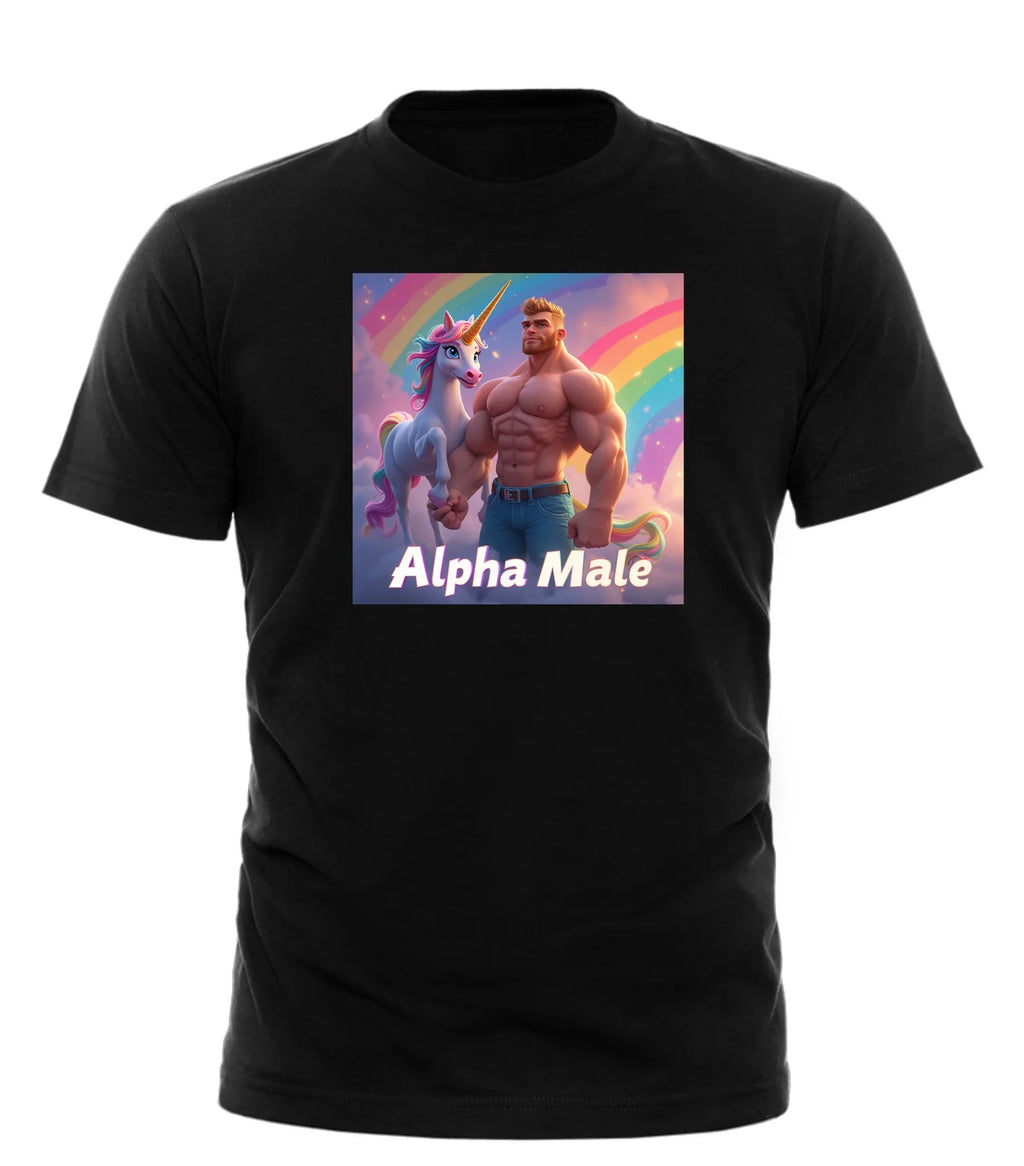 Black alpha male rainbow t-shirt with muscular man and unicorn graphic from Good Trouble Garments