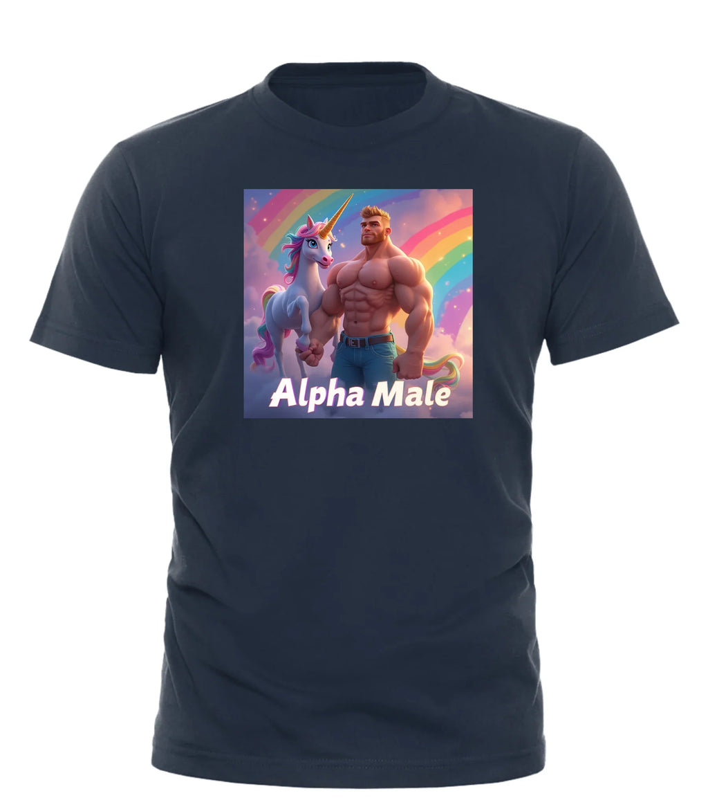 Good Trouble Garments alpha male rainbow t-shirt with muscular man and unicorn graphic on navy blue