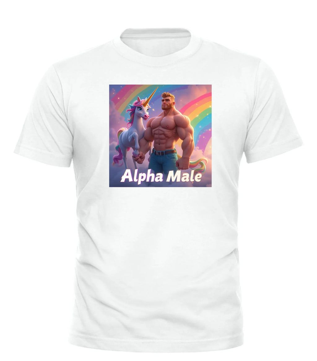 Good Trouble Garments alpha male rainbow t-shirt featuring muscular man and unicorn with rainbow background