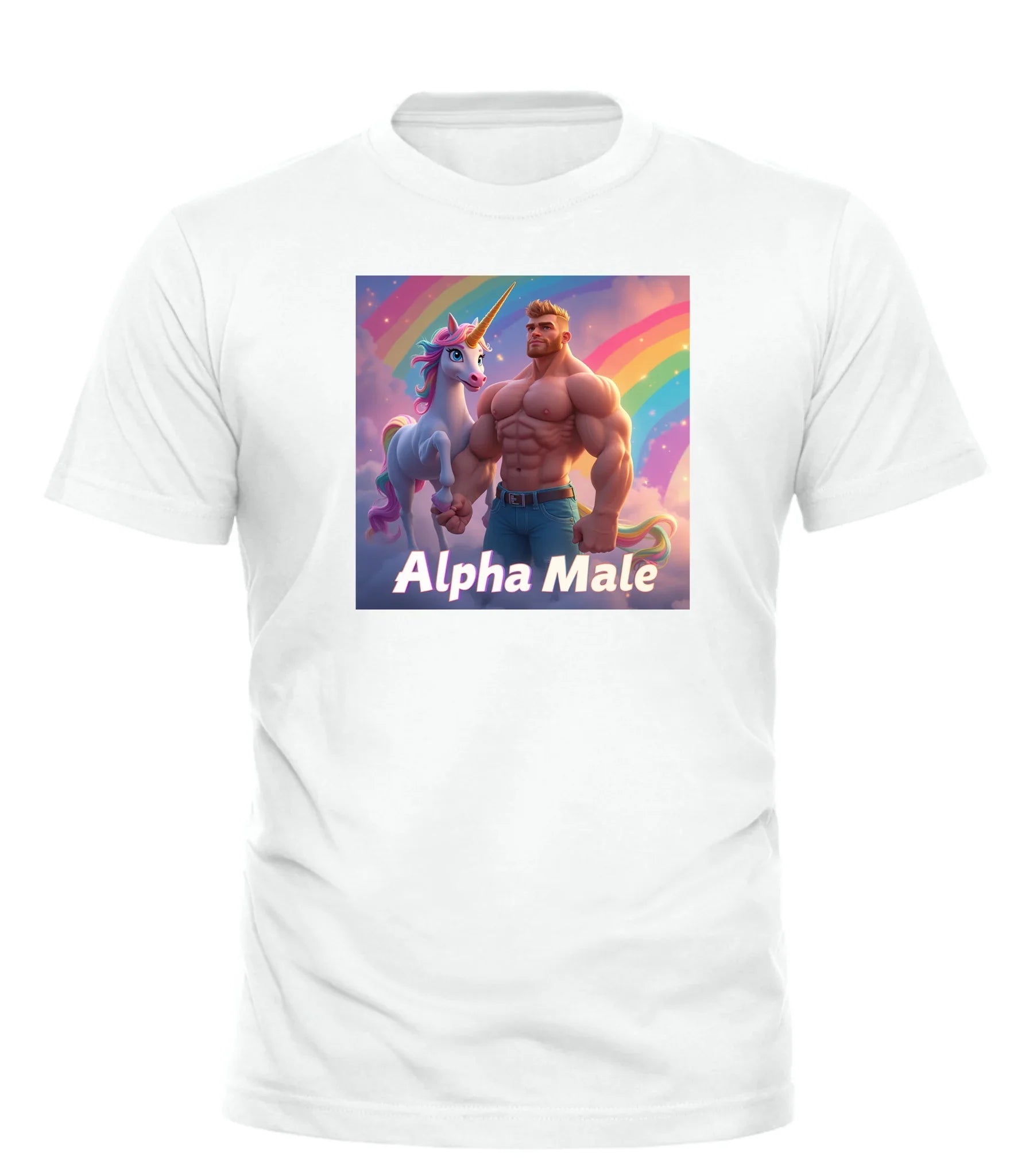Good Trouble Garments alpha male rainbow t-shirt featuring muscular man and unicorn with rainbow background