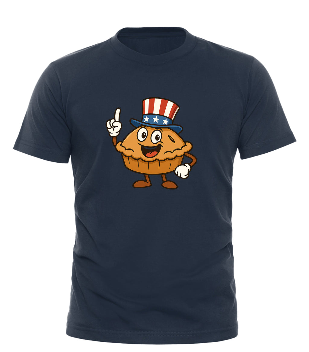 Good Trouble Garments navy blue American Pie graphic tee with cartoon pie wearing patriotic hat
