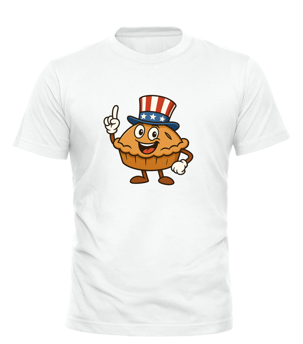 Good Trouble Garments white American Pie graphic tee with cartoon pie wearing patriotic hat