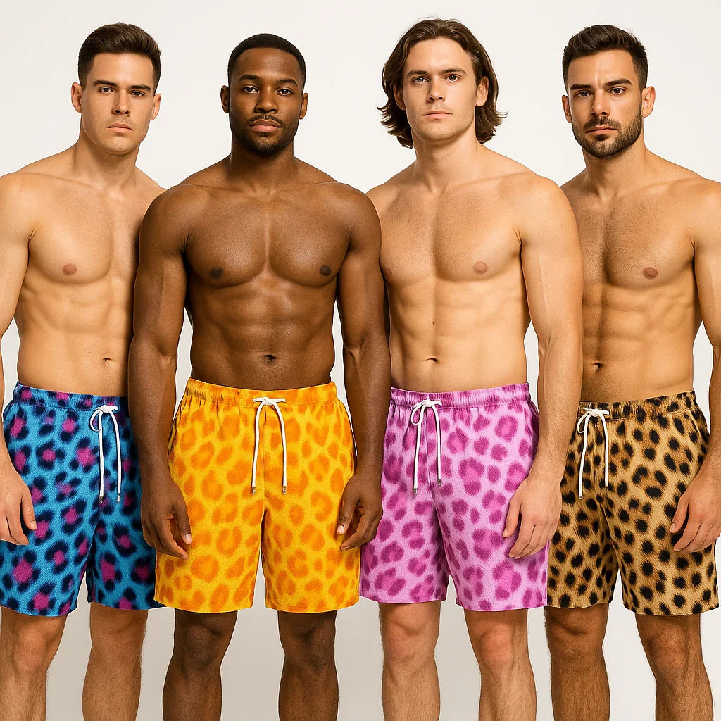 Group of men wearing colorful animal print mesh shorts from Good Trouble Garments by GOOD TROUBLE FASHION