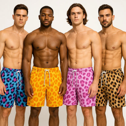 Group of men wearing colorful animal print mesh shorts from Good Trouble Garments by GOOD TROUBLE FASHION