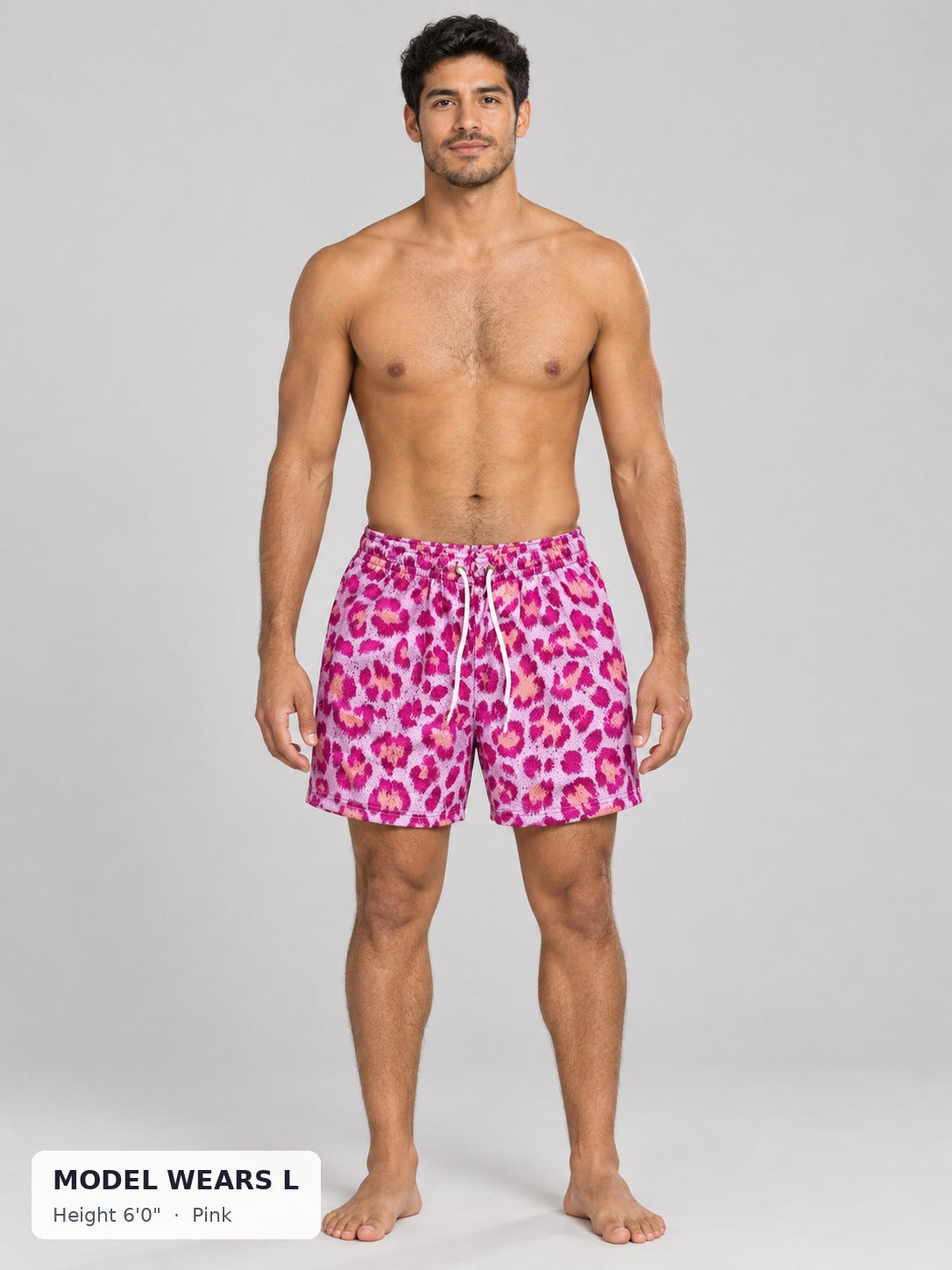 Animal Print Mesh Shorts in Pink on an athletic model wearing size L, 6'0" - Good Trouble Fashion