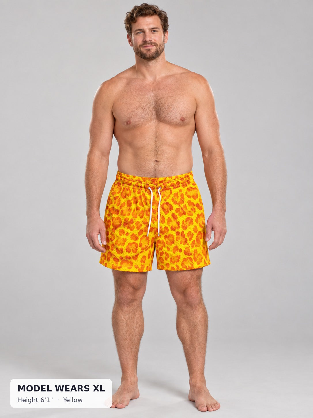 Animal Print Mesh Shorts in Yellow on a model wearing size XL, 6'1" - Good Trouble Fashion