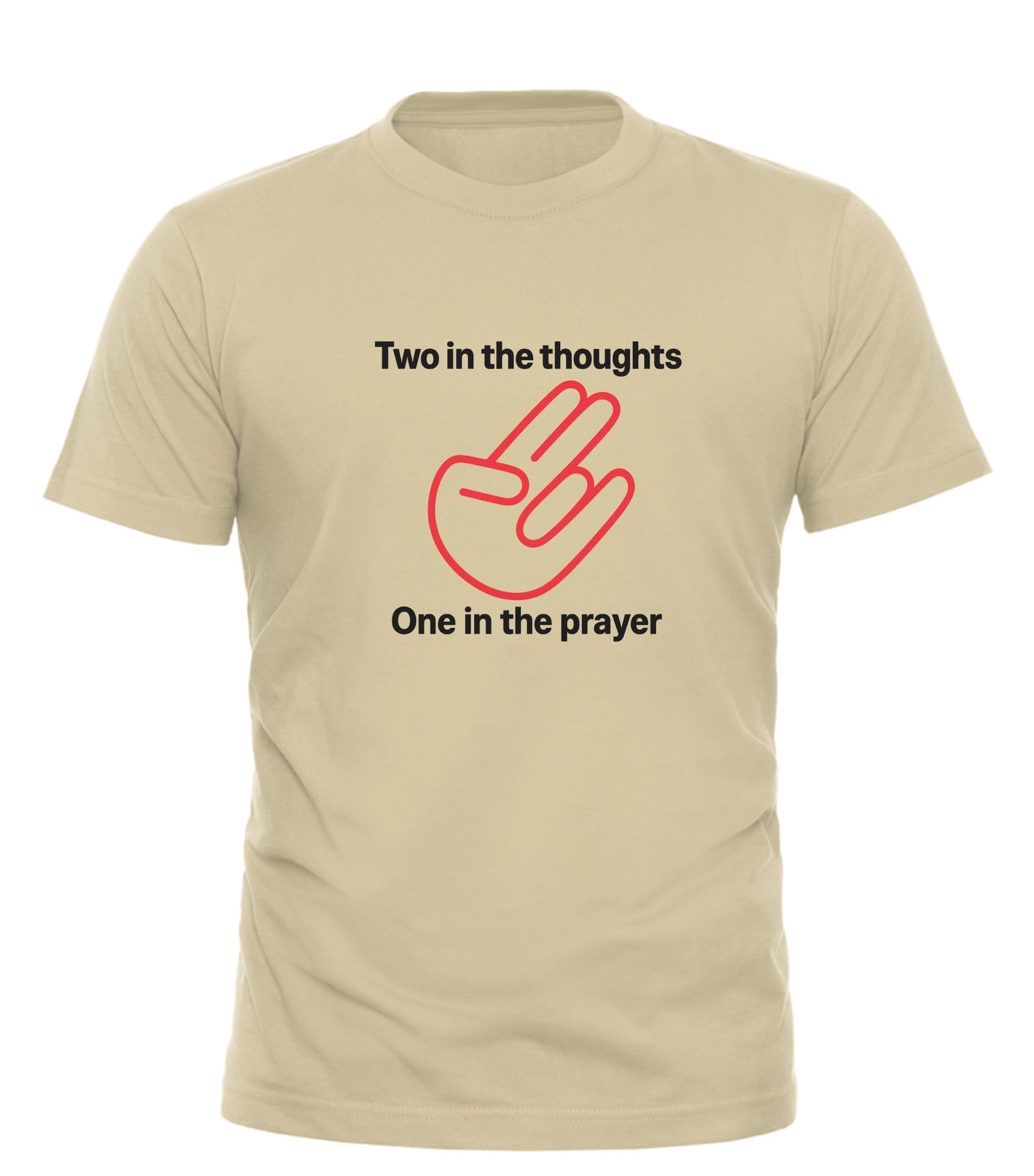 Beige anti gun violence graphic tee with two in the thoughts and one in the prayer design