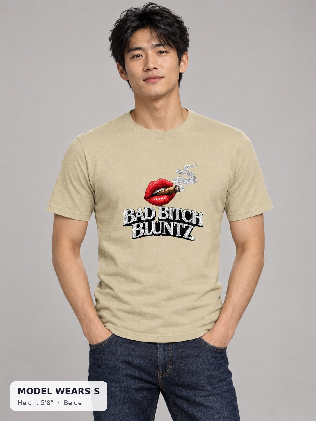 Bad Bitch Bluntz Tee in Beige on a slim model wearing size S, 5'8" - Good Trouble Fashion