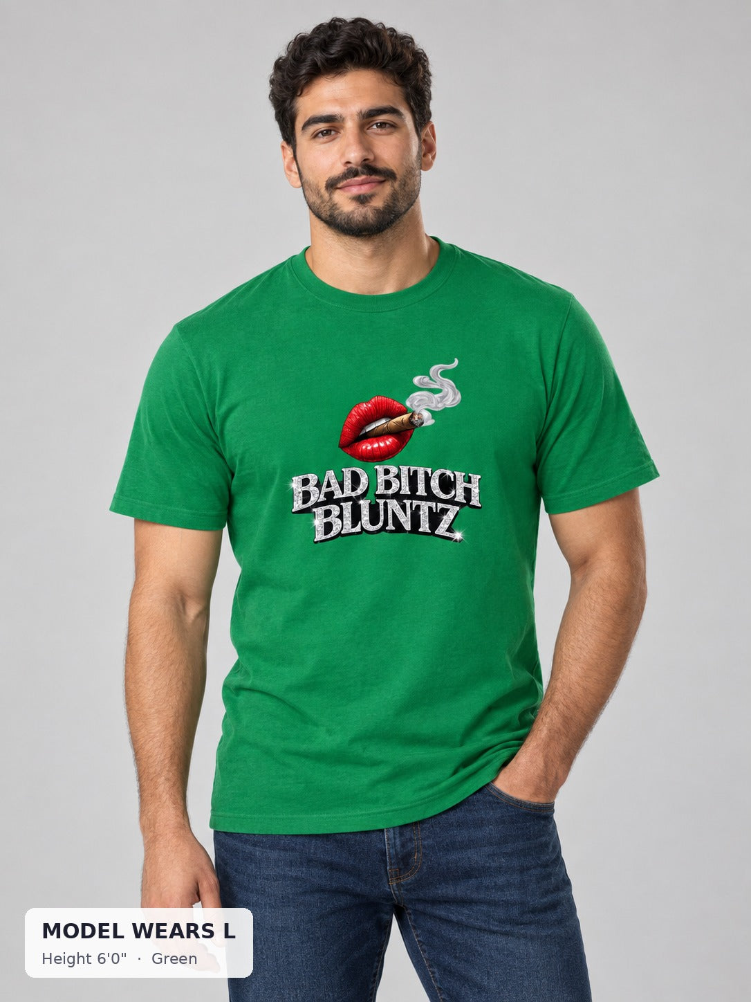 Bad Bitch Bluntz Tee in Green on an athletic model wearing size L, 6'0" - Good Trouble Fashion