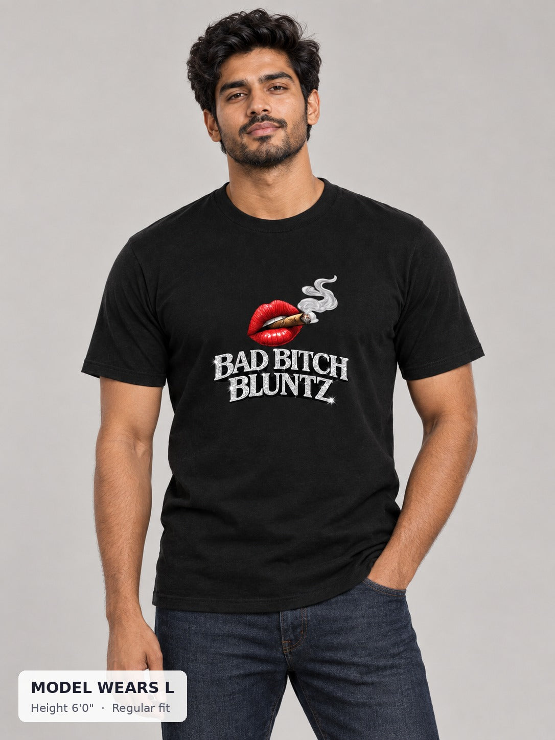 Bad Bitch Bluntz Tee on an athletic model wearing size L, 6'0" - Good Trouble Fashion