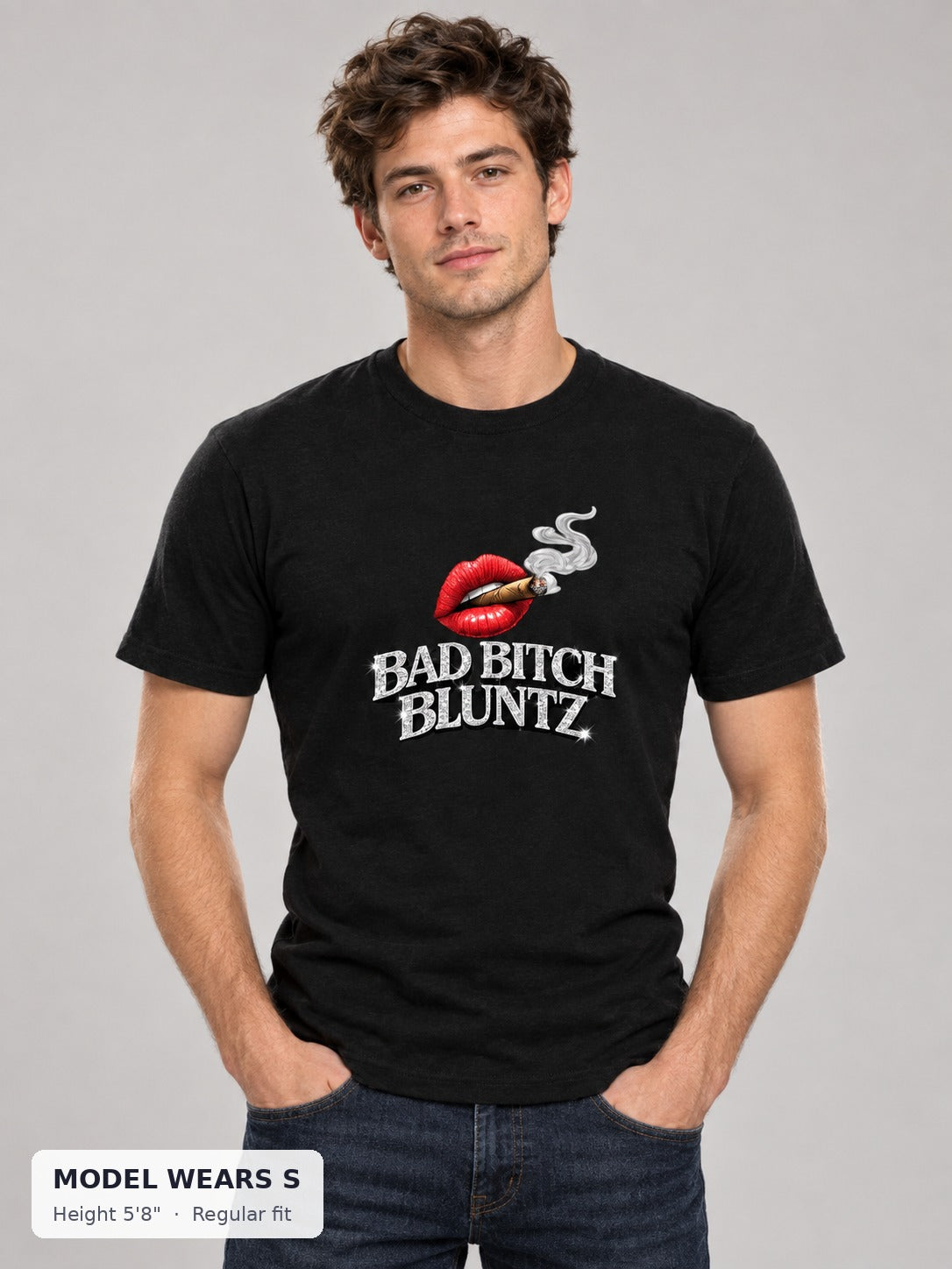 Bad Bitch Bluntz Tee on a slim model wearing size S, 5'8" - Good Trouble Fashion