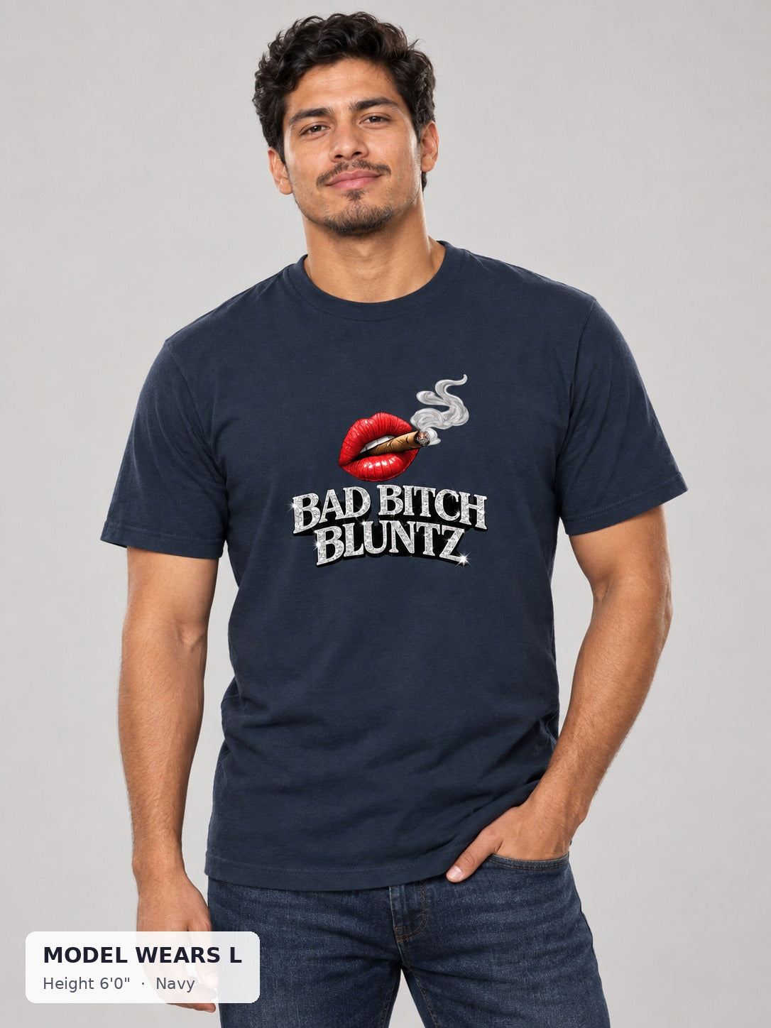 Bad Bitch Bluntz Tee in Navy on an athletic model wearing size L, 6'0" - Good Trouble Fashion