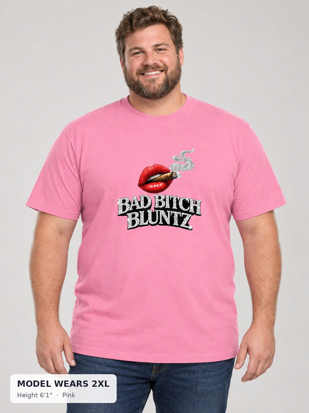 Bad Bitch Bluntz Tee in Pink on a plus-size model wearing size 2XL, 6'1" - Good Trouble Fashion