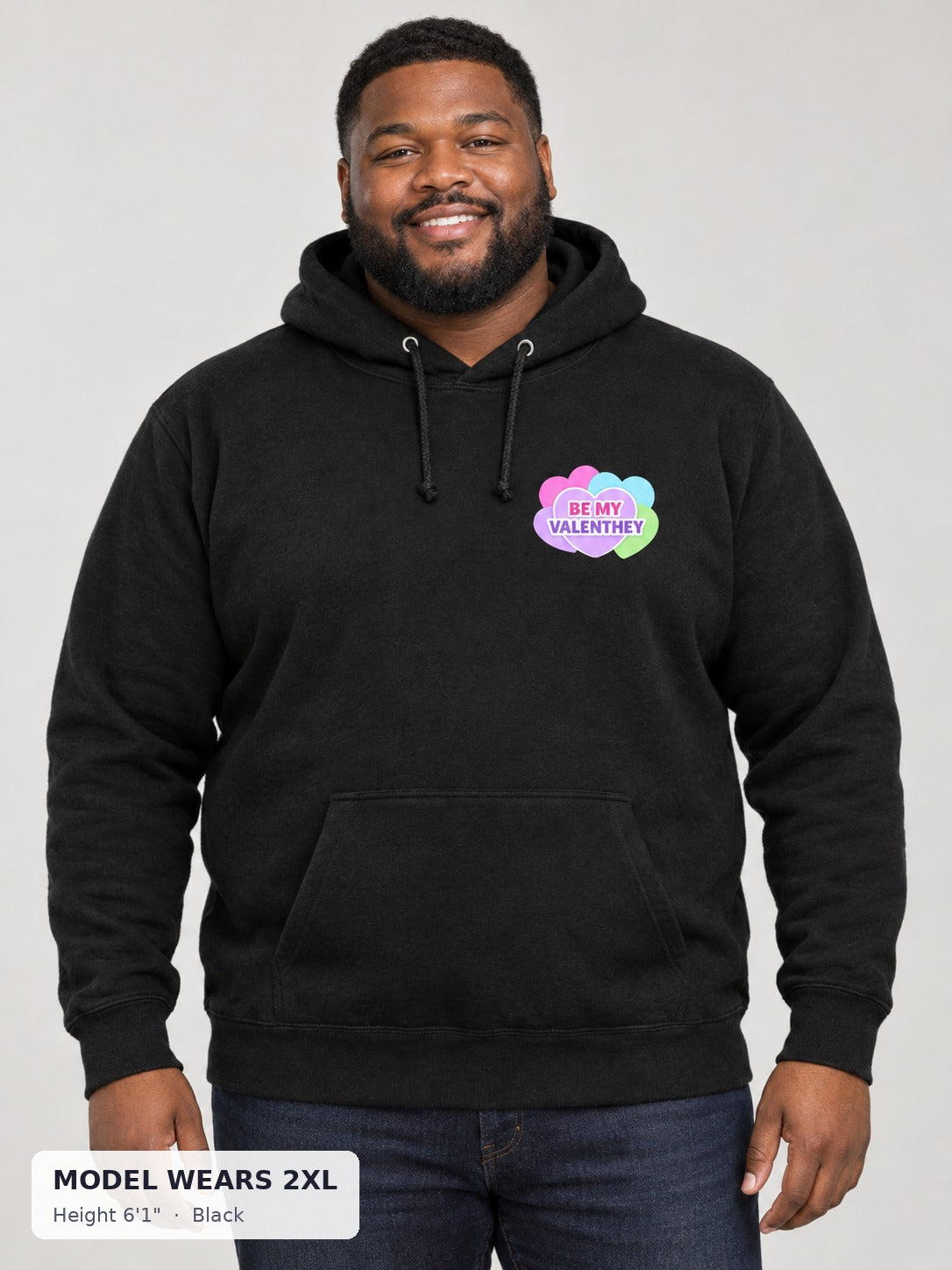 Be My Valenthey Hoodie in Black on a plus-size model wearing size 2XL, 6'1" - Good Trouble Fashion