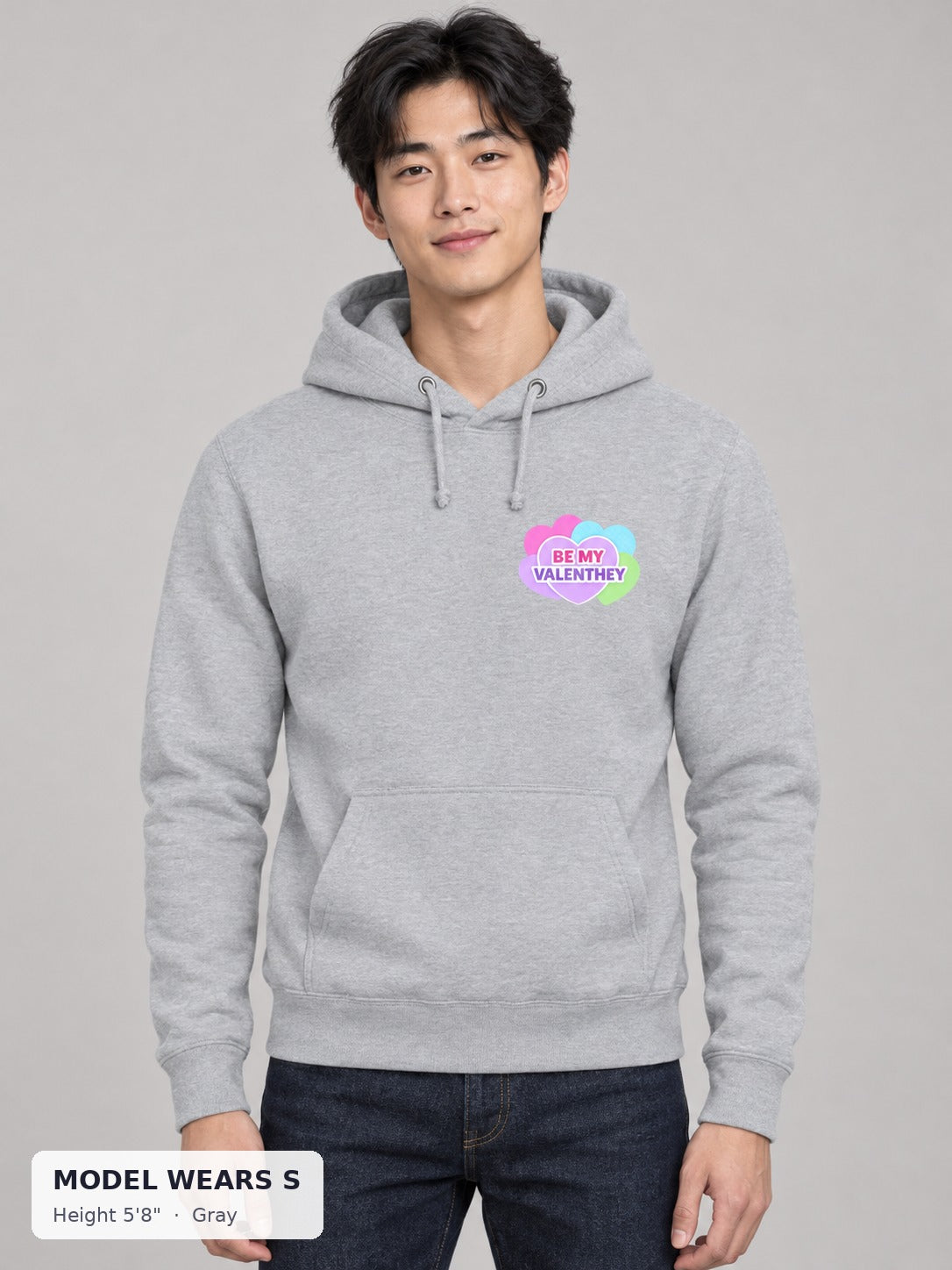 Be My Valenthey Hoodie in Gray on a slim model wearing size S, 5'8" - Good Trouble Fashion
