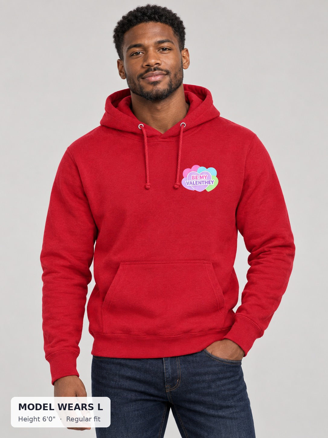 Be My Valenthey Hoodie on an athletic model wearing size L, 6'0" - Good Trouble Fashion