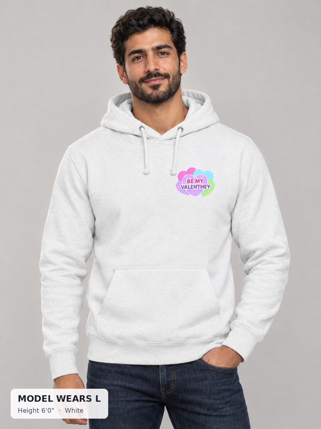 Be My Valenthey Hoodie in White on an athletic model wearing size L, 6'0" - Good Trouble Fashion