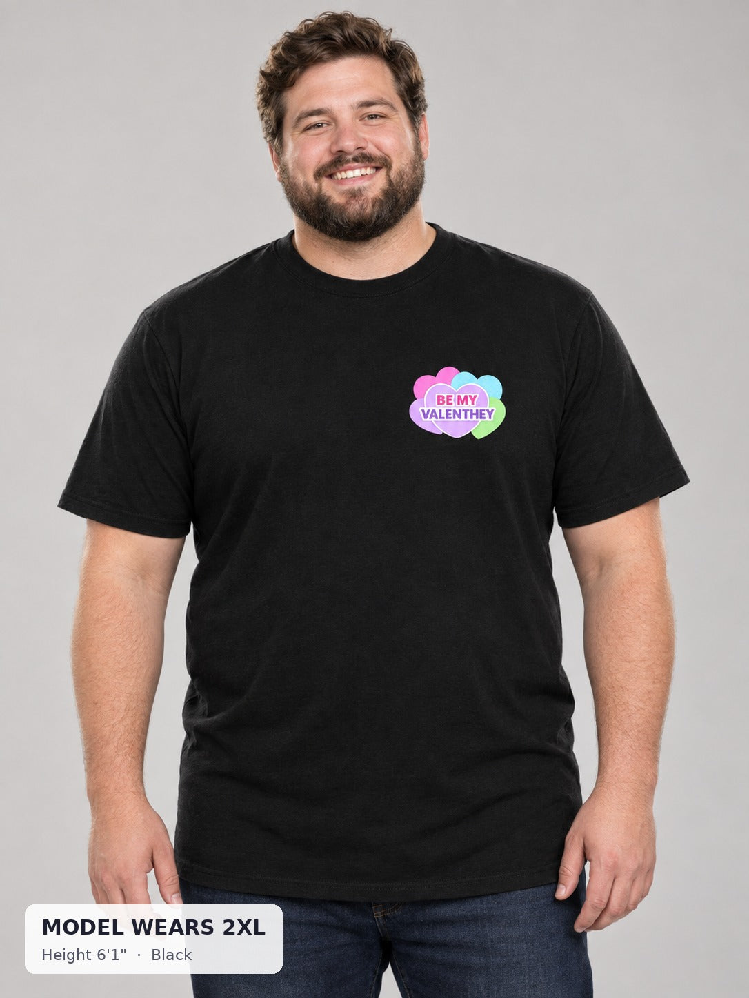 Be My Valenthey Tee in Black on a plus-size model wearing size 2XL, 6'1" - Good Trouble Fashion