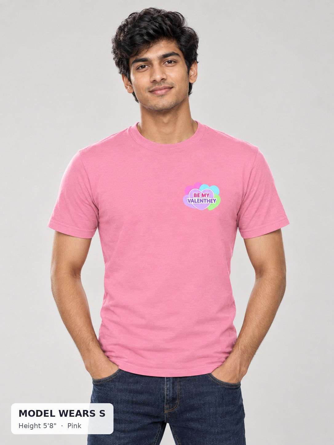 Be My Valenthey Tee in Pink on a slim model wearing size S, 5'8" - Good Trouble Fashion