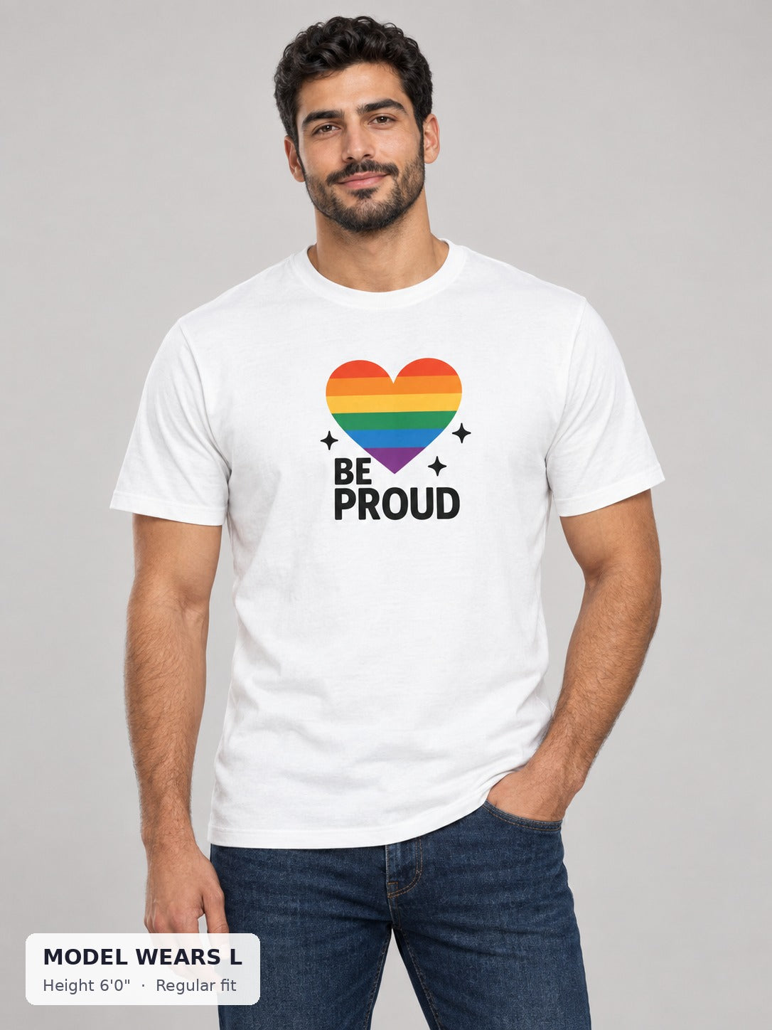 Be Proud With Love Pride Tee on an athletic model wearing size L, 6'0" - Good Trouble Fashion