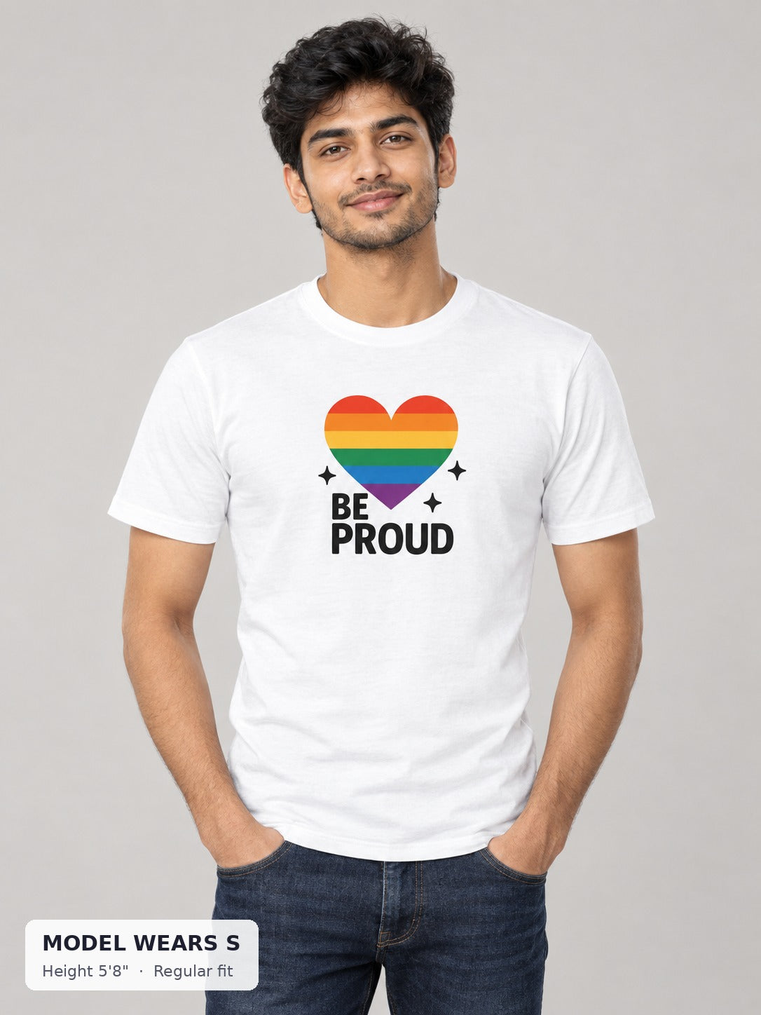 Be Proud With Love Pride Tee on a slim model wearing size S, 5'8" - Good Trouble Fashion