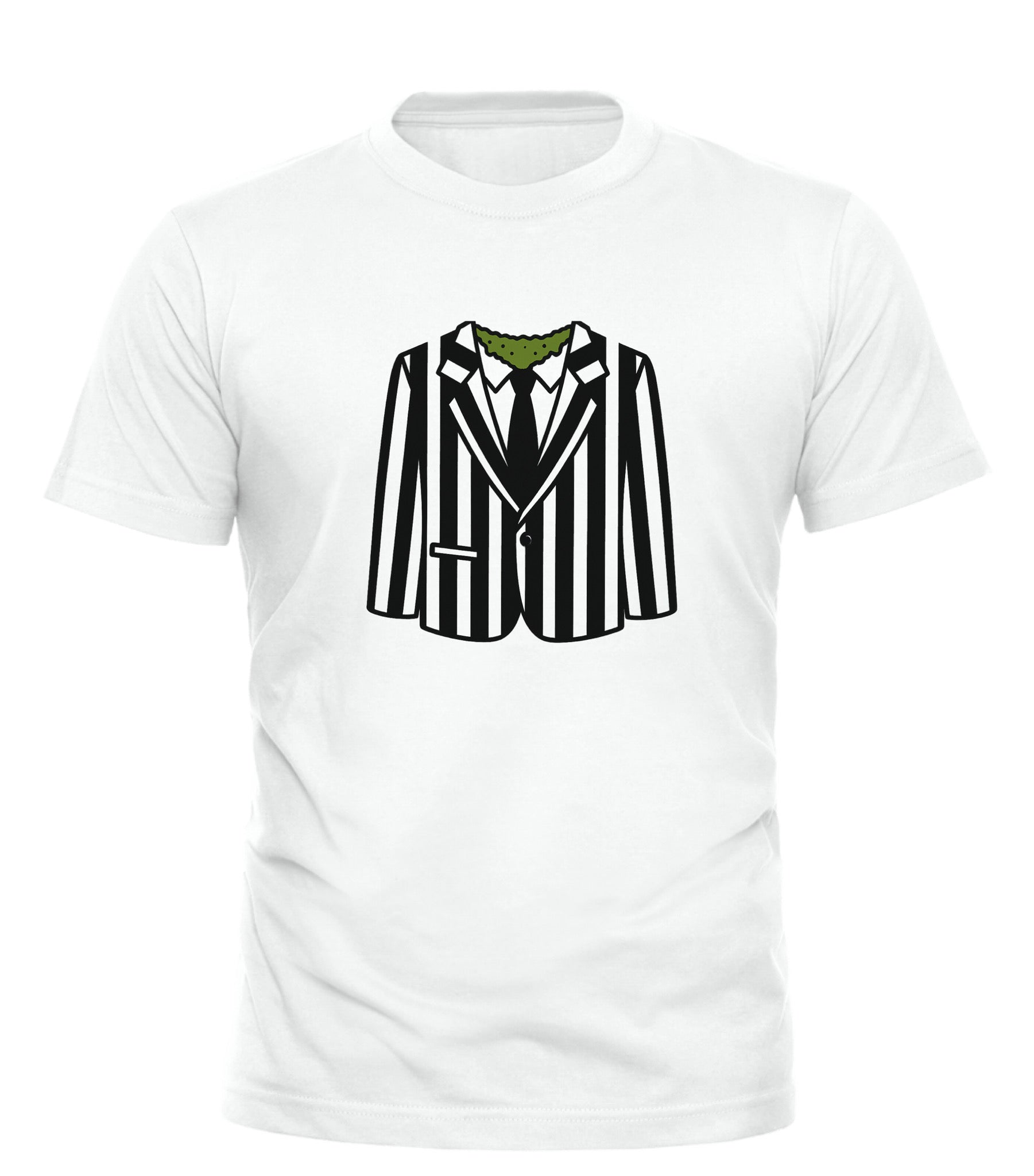 Good Trouble Garments Beetlejuice costume t-shirt with black and white striped suit graphic on white fabric