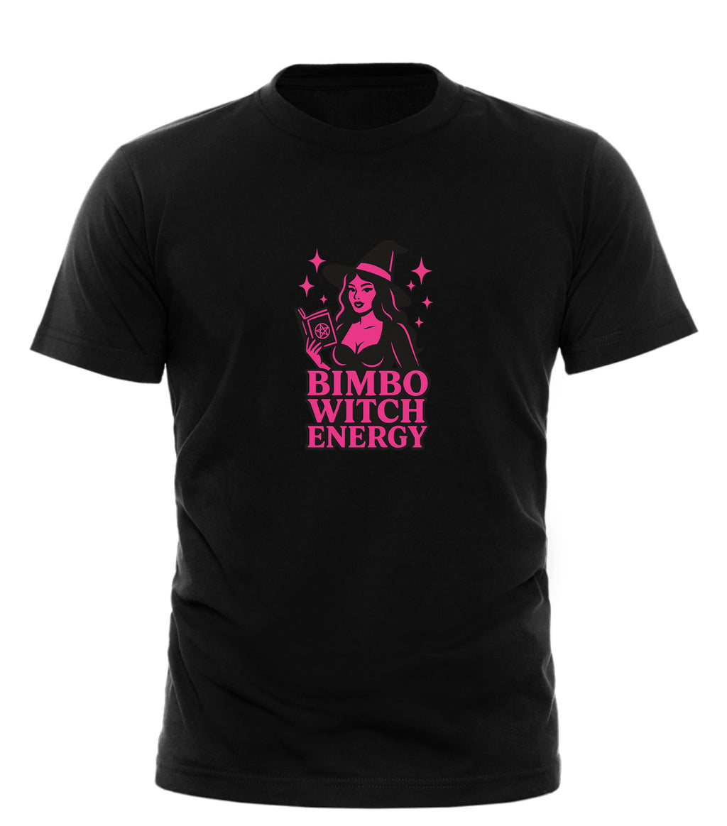 Black Good Trouble Garments bimbo witch t-shirt with pink witch graphic and text design