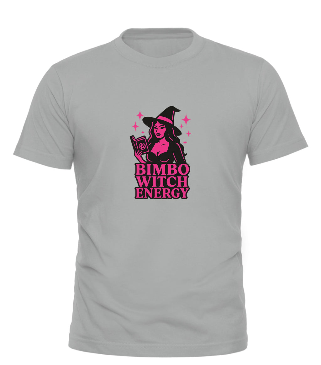 Good Trouble Garments bimbo witch t-shirt in gray with pink witch graphic and text design
