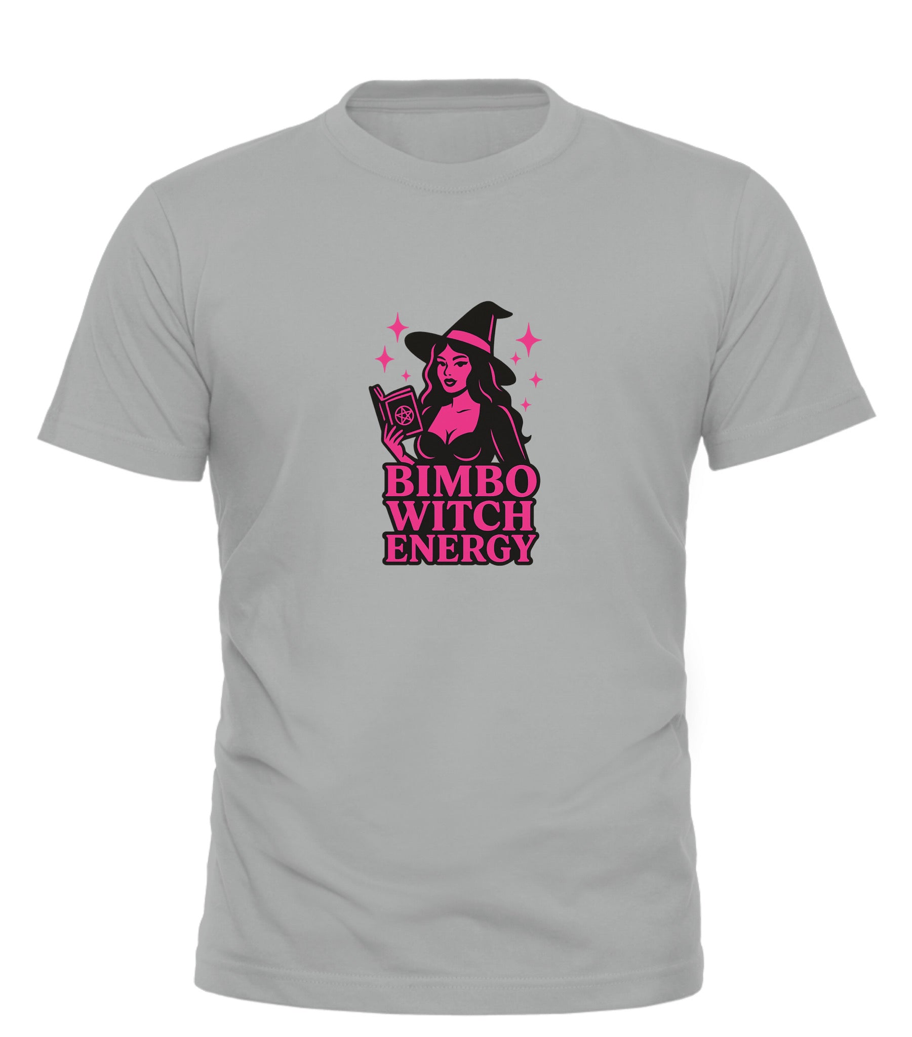 Good Trouble Garments bimbo witch t-shirt in gray with pink witch graphic and text design