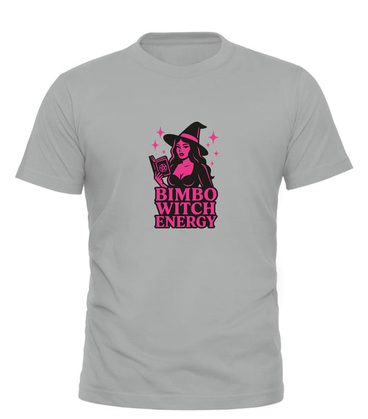 Good Trouble Garments bimbo witch t-shirt in gray with pink witch graphic and text design