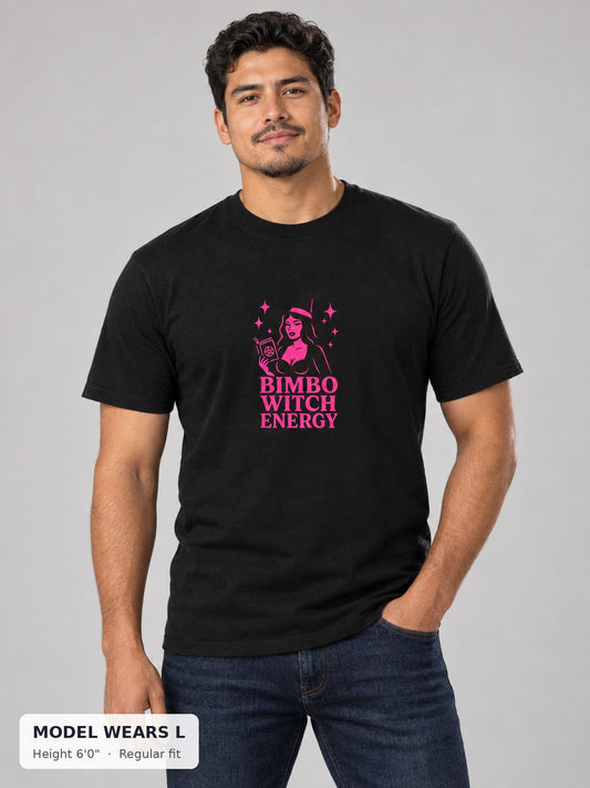 Bimbo Witch Tee on an athletic model wearing size L, 6'0" - Good Trouble Fashion