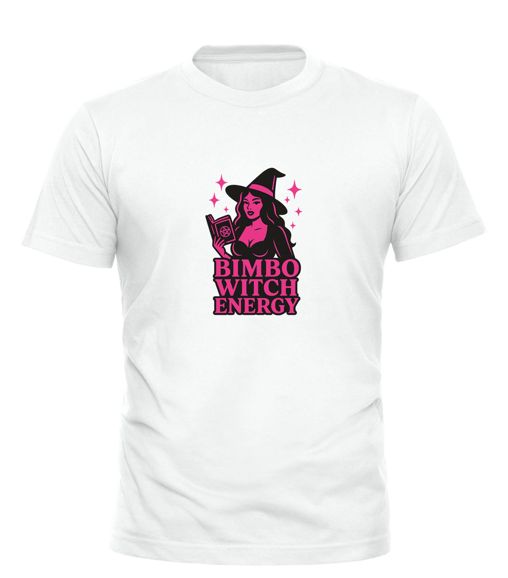 White Good Trouble Garments bimbo witch t-shirt with pink witch graphic and text design