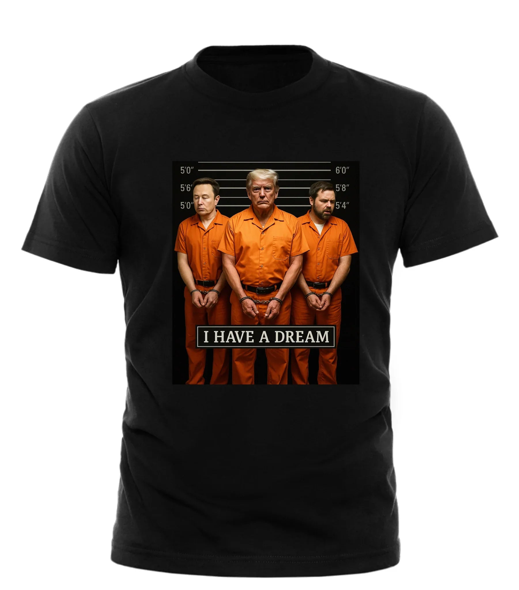Good Trouble Garments political statement t shirt with graphic of three men in orange prison uniforms and I Have A Dream text
