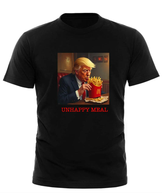 Black Good Trouble Garments t-shirt with anti Trump statement apparel featuring caricature and Unhappy Meal text