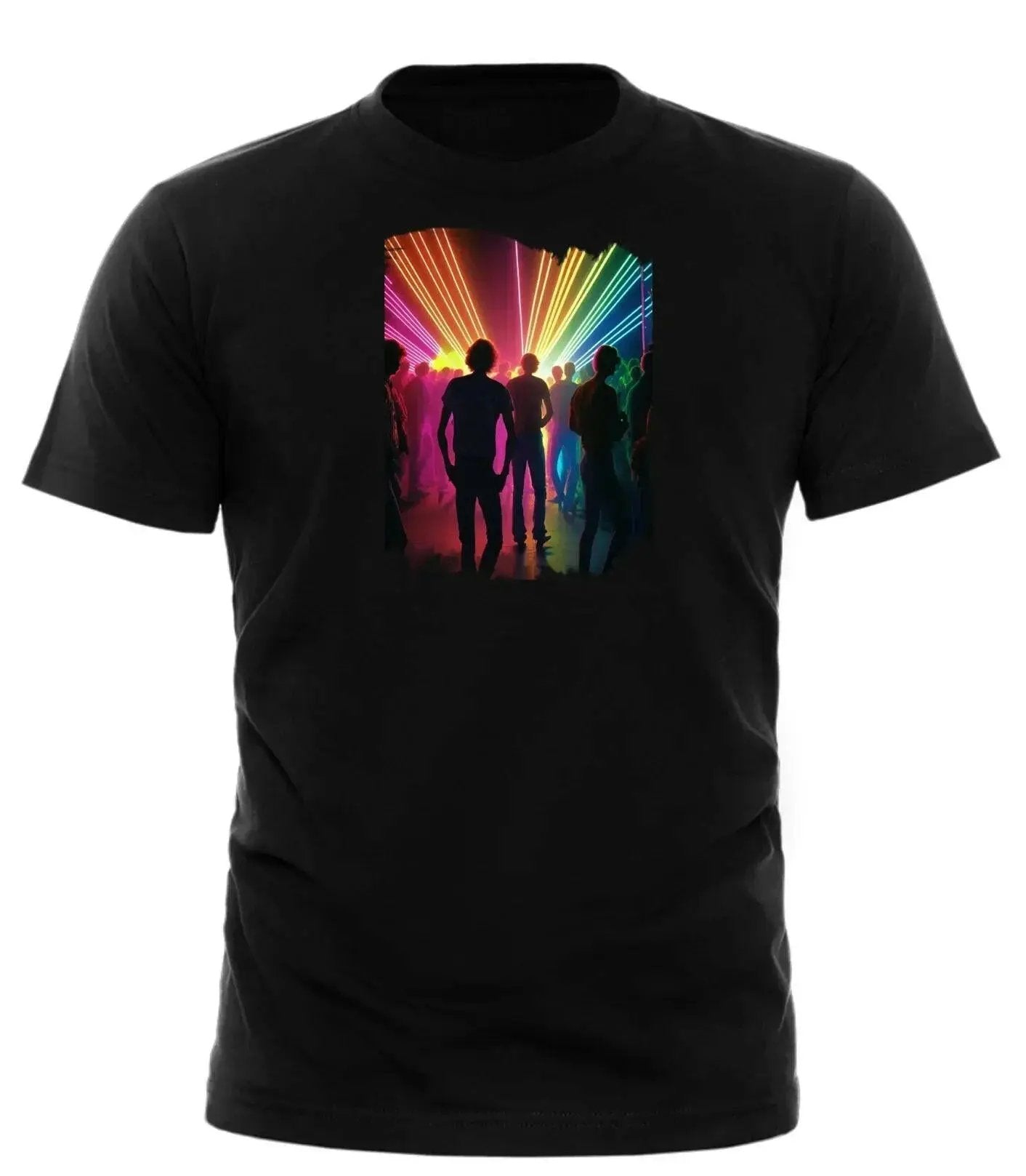Good Trouble Garments black blinded by the lights tee with colorful silhouette design of people and light rays