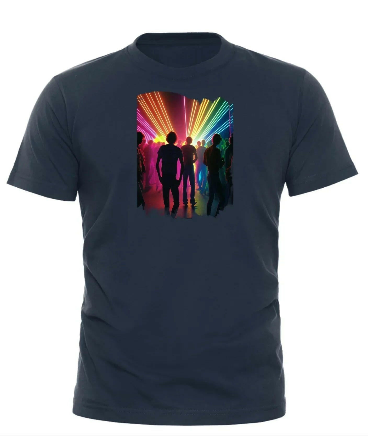 Good Trouble Garments blinded by the lights tee with colorful laser silhouettes on black shirt