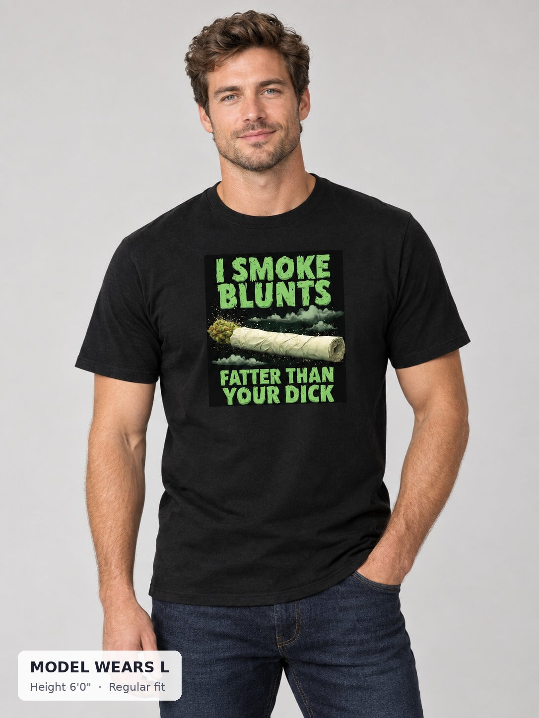 Blunt's Bigger Than Your Dick 4/20 Tee on an athletic model wearing size L, 6'0" - Good Trouble Fashion