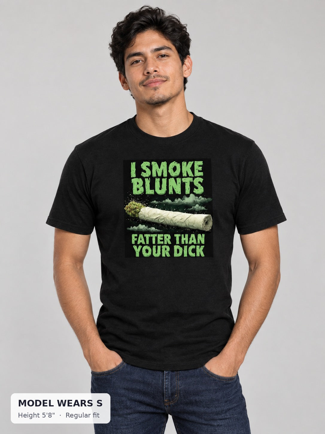 Blunt's Bigger Than Your Dick 4/20 Tee on a slim model wearing size S, 5'8" - Good Trouble Fashion