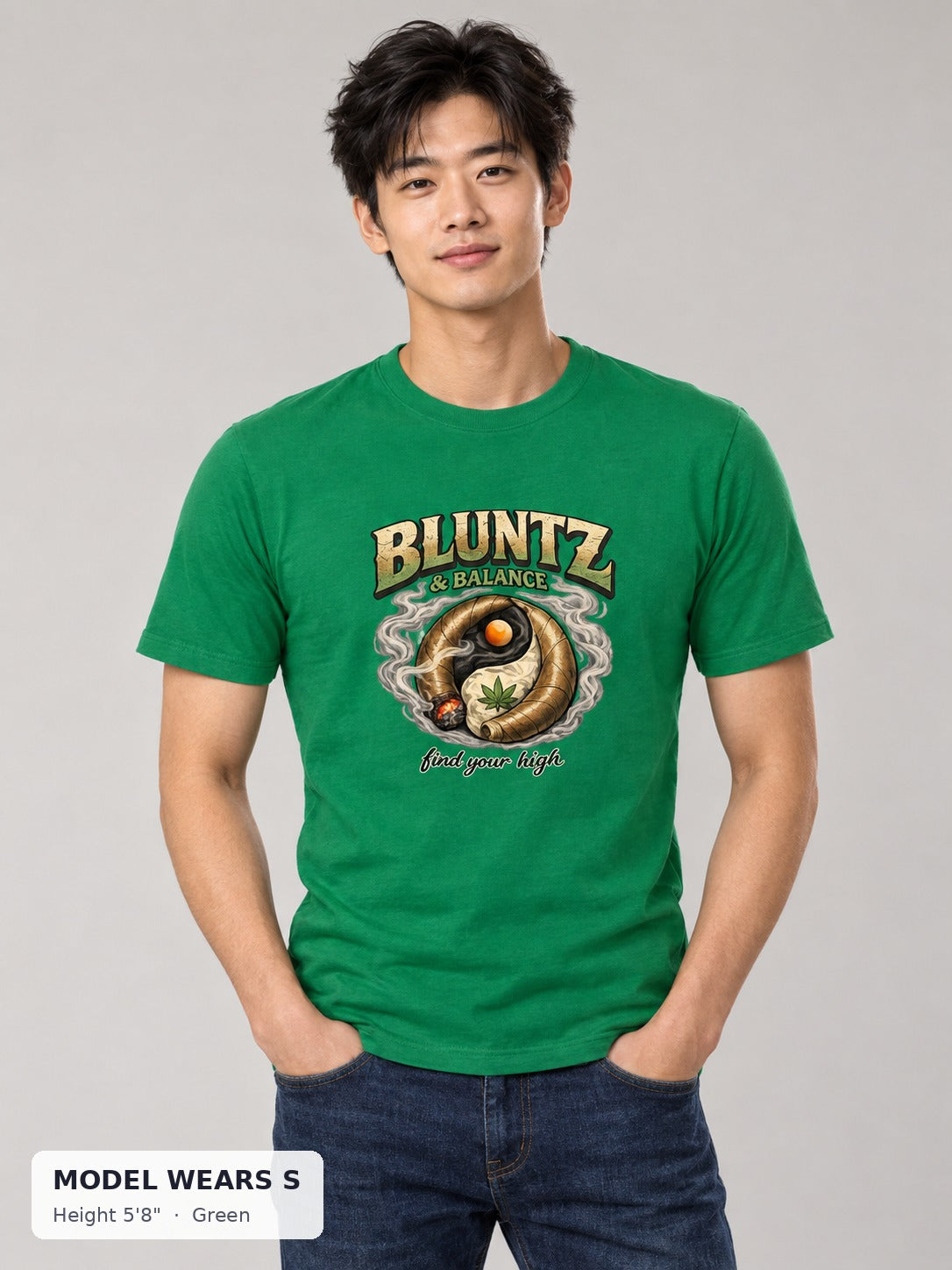 Bluntz and Balance Tee in Green on a slim model wearing size S, 5'8" - Good Trouble Fashion