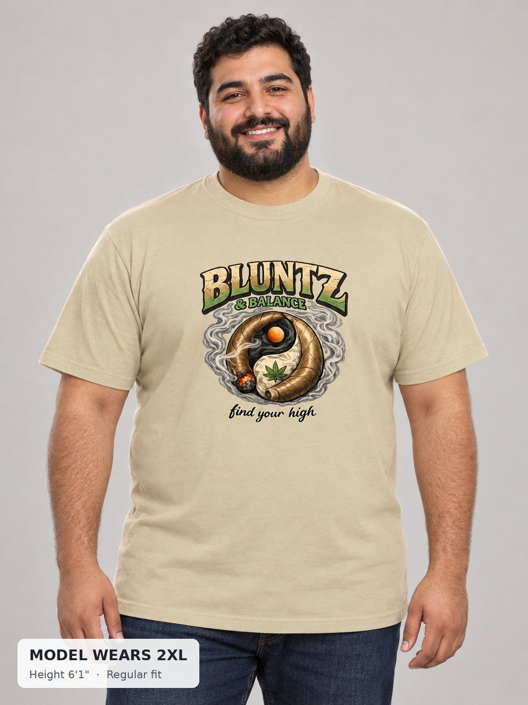 Bluntz and Balance Tee on a plus-size model wearing size 2XL, 6'1" - Good Trouble Fashion