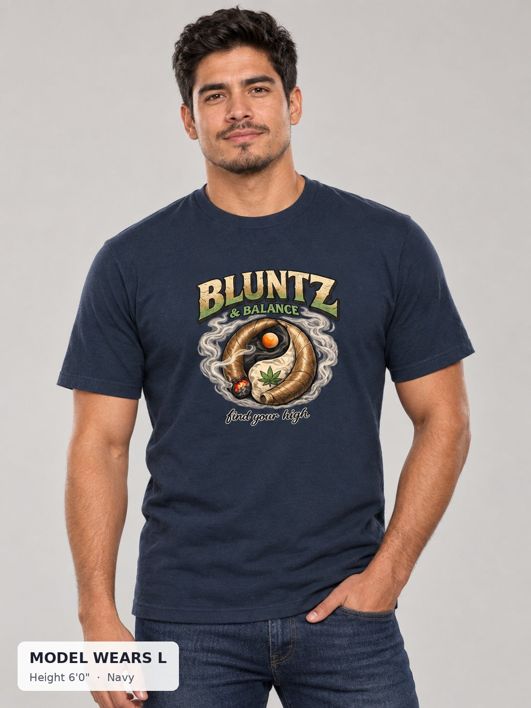 Bluntz and Balance Tee in Navy on an athletic model wearing size L, 6'0" - Good Trouble Fashion