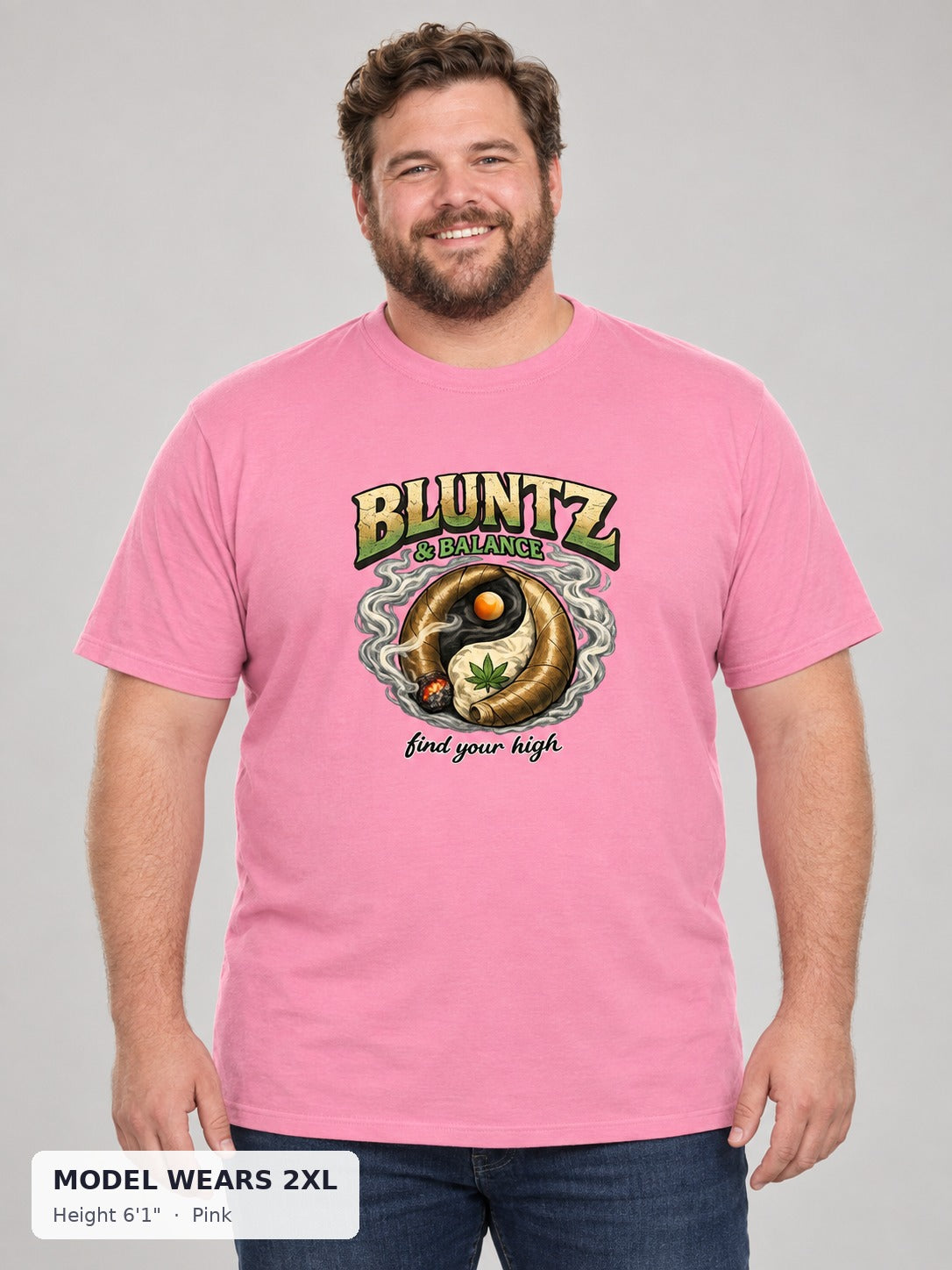 Bluntz and Balance Tee in Pink on a plus-size model wearing size 2XL, 6'1" - Good Trouble Fashion