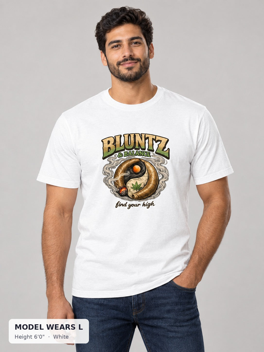 Bluntz and Balance Tee in White on an athletic model wearing size L, 6'0" - Good Trouble Fashion