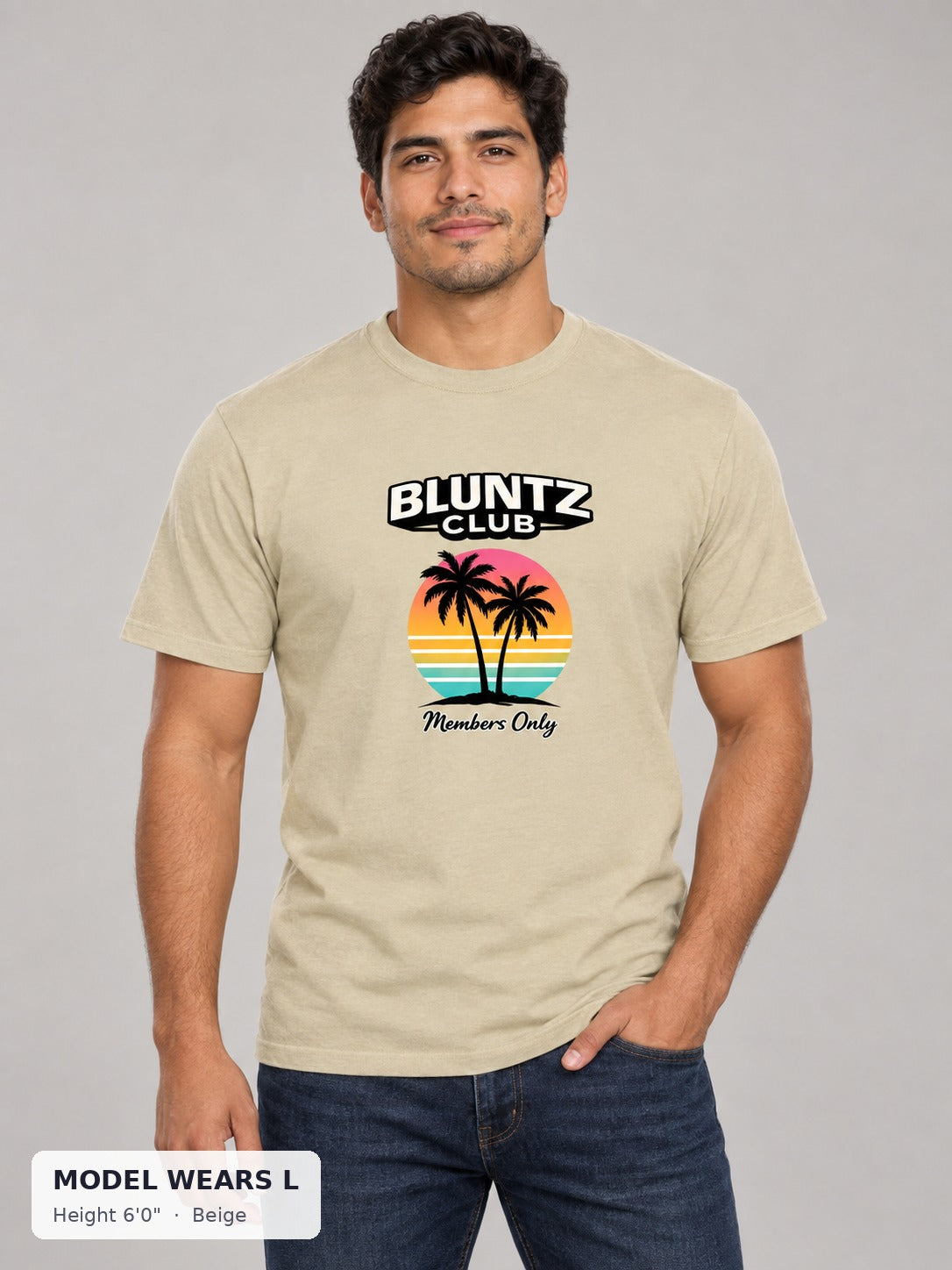 Bluntz Club Members Only Tee in Beige on an athletic model wearing size L, 6'0" - Good Trouble Fashion