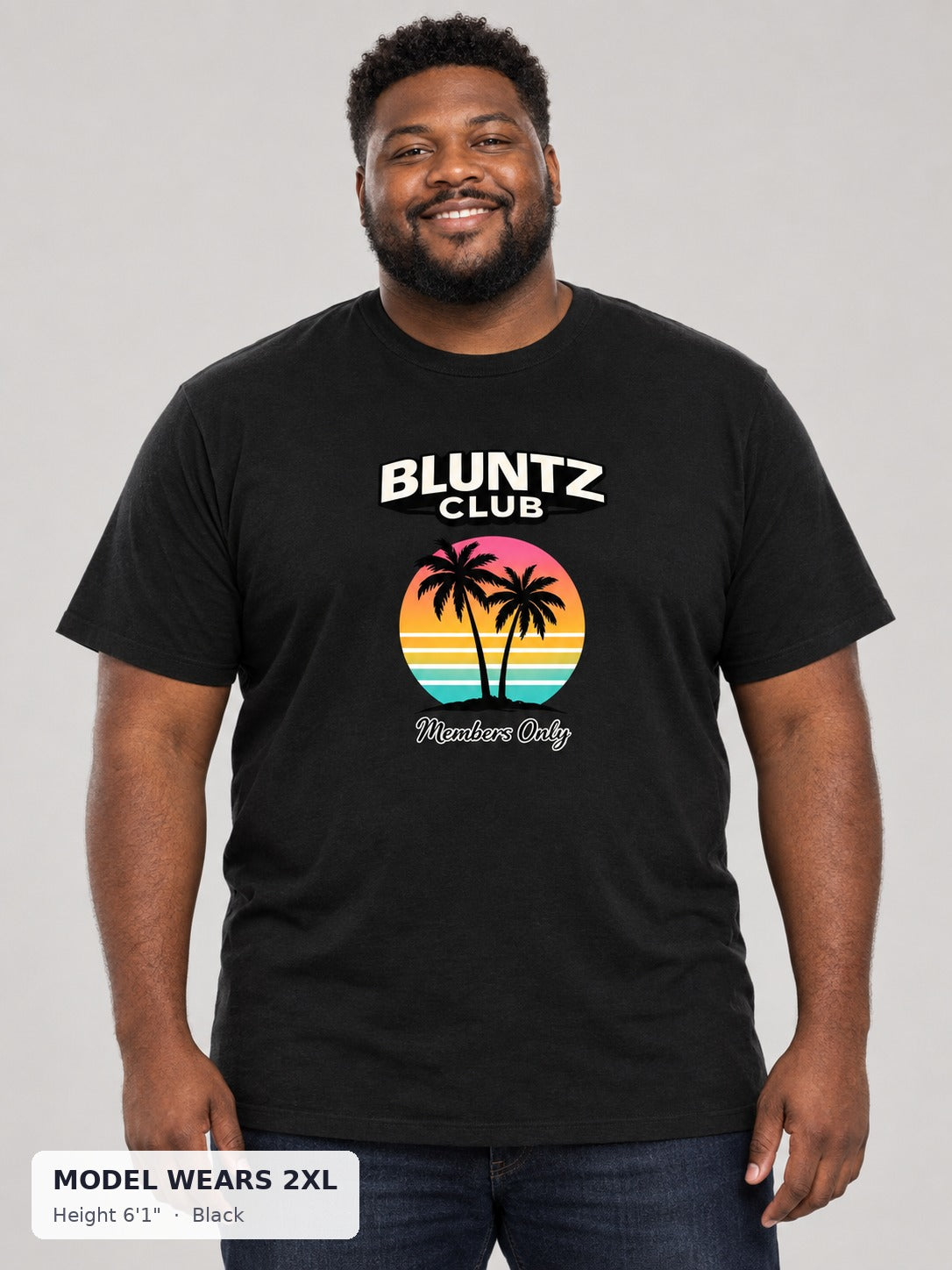 Bluntz Club Members Only Tee in Black on a plus-size model wearing size 2XL, 6'1" - Good Trouble Fashion