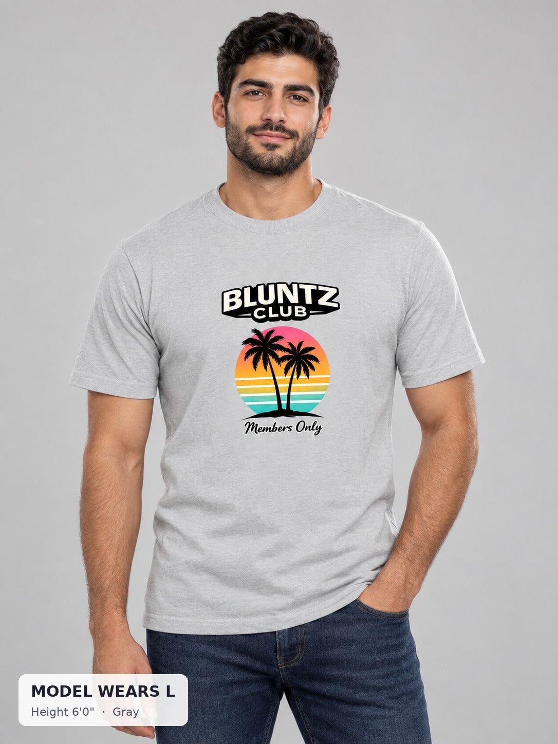 Bluntz Club Members Only Tee in Gray on an athletic model wearing size L, 6'0" - Good Trouble Fashion