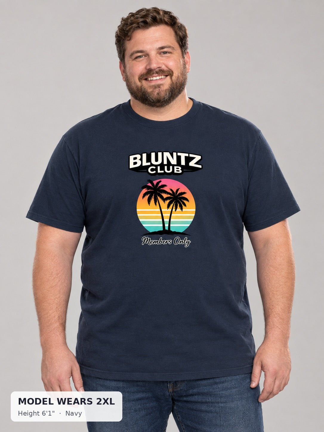 Bluntz Club Members Only Tee in Navy on a plus-size model wearing size 2XL, 6'1" - Good Trouble Fashion