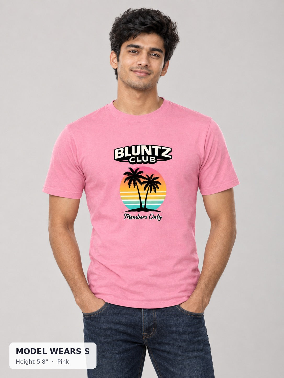 Bluntz Club Members Only Tee in Pink on a slim model wearing size S, 5'8" - Good Trouble Fashion