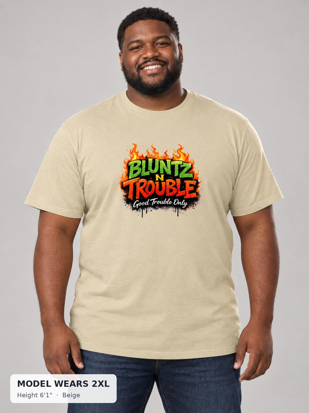 Bluntz N Trouble Tee in Beige on a plus-size model wearing size 2XL, 6'1" - Good Trouble Fashion